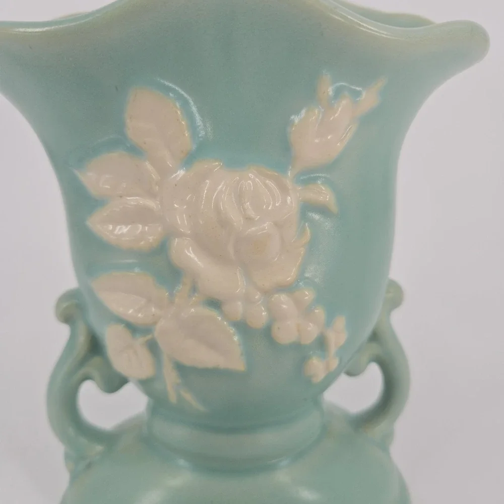 Vintage Weller Cameo Rose Vase Aqua Green White Floral Double Handle 7 In Deco